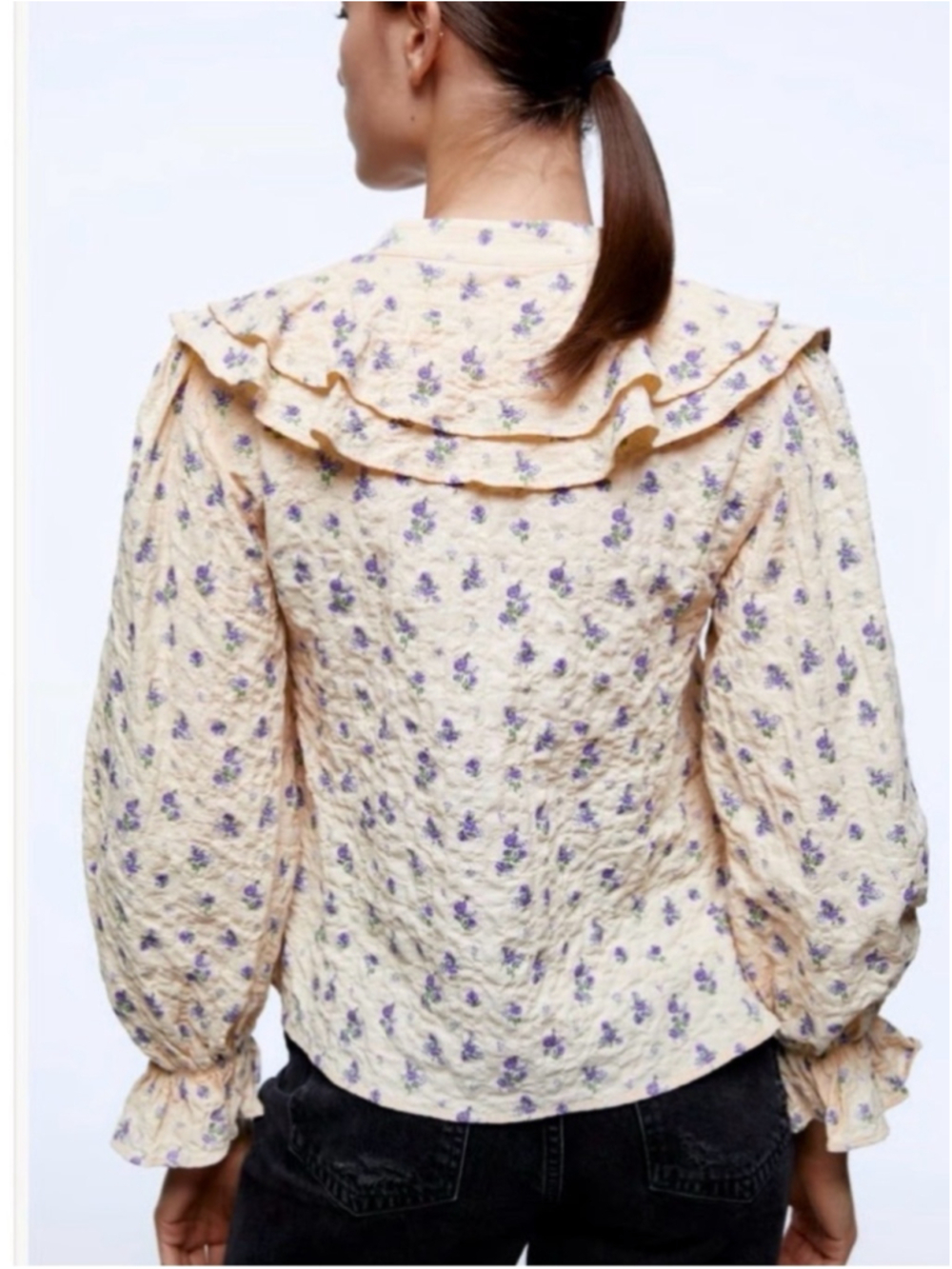 zara Romantic Floral Ruffle Collar Blouse Cream Purple Vintage Inspired - Picture 3 of 11